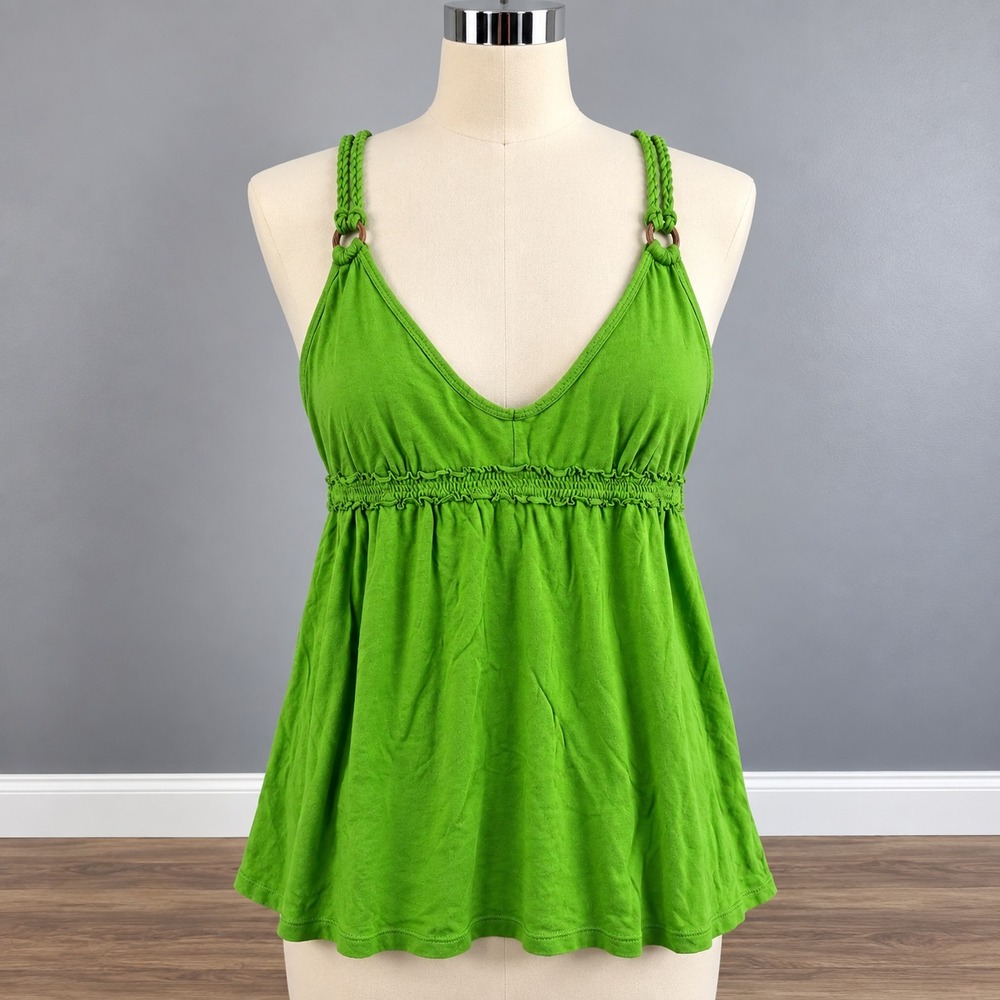 Vintage Y2K Babydoll Top Large Green Braided Straps Milkmaid Empire Waist Bella